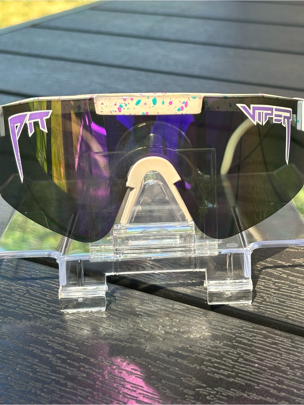 Pit Viper Shield Visor Sunglasses in Ivory Splatter with Purple Mirror Lens